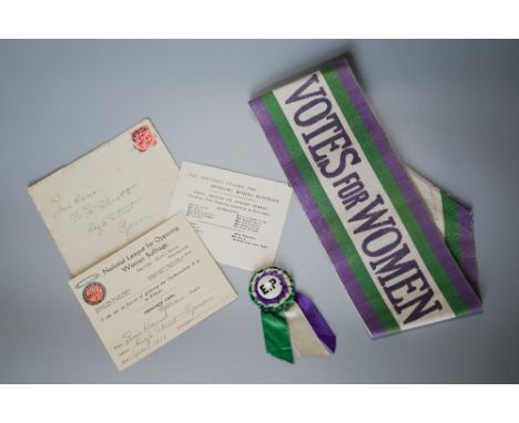 An original 'Votes for Women' tri-coloured Suffragette sash woven in purple, green and white, with blue printed inscription, 