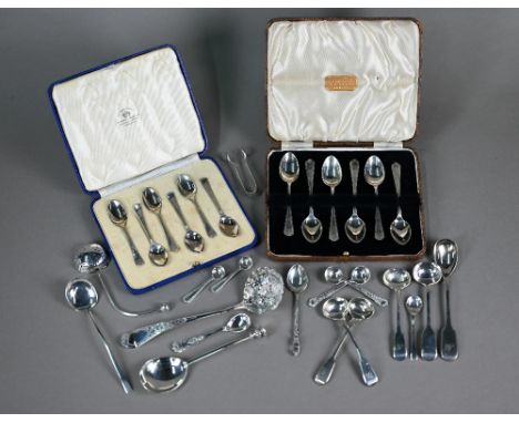 Two cased sets of Art Deco silver coffee spoons, Sheffield 1936/38, to/w a quantity of Georgian, Victorian and later small fl