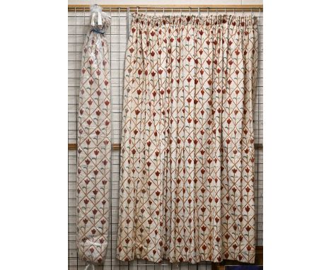 A pair of crewel-work cream ground curtains, with gathered header, lined, approx 112 x 203 cm each&nbsp; Some discolouration/
