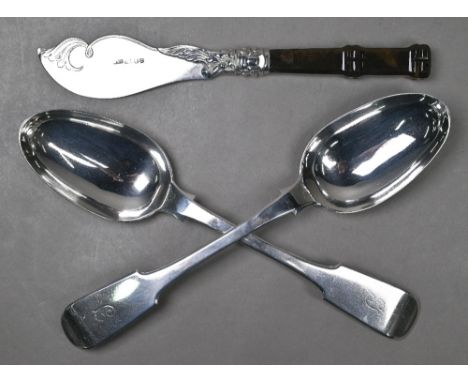 A pair of William IV Scottish silver fiddle pattern tablespoons, Marshall &amp; Son, Edinburgh 1835, 4.8oz, to/w a Victorian 