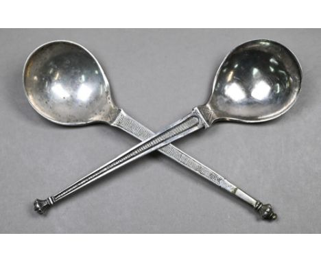 Two 17th Century unascribed white metal spoons, one with lobed baluster finial on pricked and flattened tapering stem, the ba