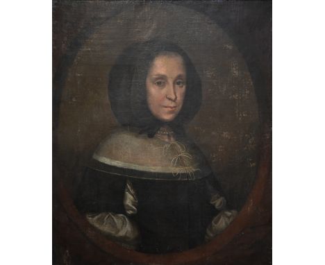 18th century Dutch school - Portrait of a young woman with a black bonnet and white collared dress, oil on canvas, 72 x 6 cm 
