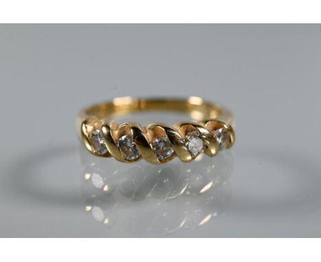 A five-stone diamond ring, the round brilliant cut diamonds in rope-style setting, yellow metal stamped 14k and 0.5 (carats),