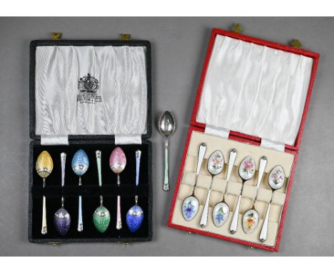 A cased set of six silver gilt and enamel coffee spoons, Adie Bros Ltd, Birmingham 1960, to/w seven harlequin enamel coffee s