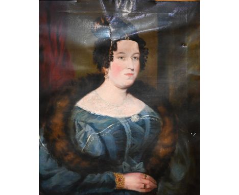 19th century English school - Portrait of a lady in blue dress, oil on canvas, 74 x 61 cm&nbsp;&nbsp; Extensively damaged - f