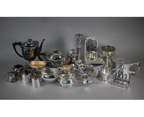 A pair of plated on copper baluster candlesticks on circular bases, 28cm high, to/w a syphon stand, biscuit box - Hukin &amp;