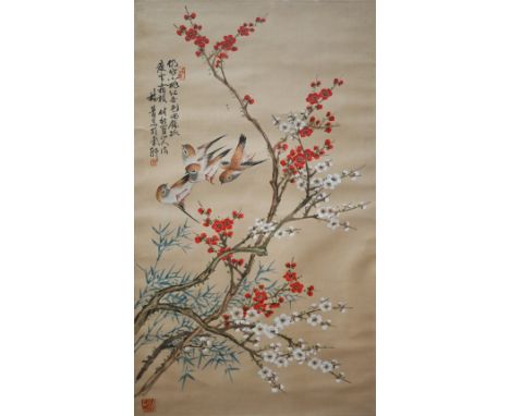 A 20th century Chinese watercolour on fabric painting of birds and prunus with calligraphy inscription and seal marks, mounte