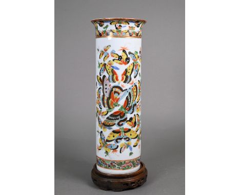 A 19th century Chinese cylindrical sleeve vase painted in bright polychrome enamels with a kaleidoscope of butterflies and gi