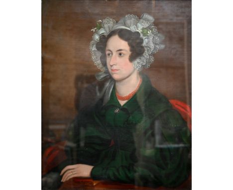 19th century English school - Portrait of a lady in elaborate lace bonnet with coral necklace, oil on canvas, 72 x 58 cm 