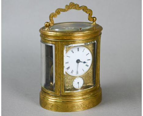 W H Tooke, Paris, an engraved oval brass alarm carriage clock, the two train movement no 1013 with Roman numeral enamelled di