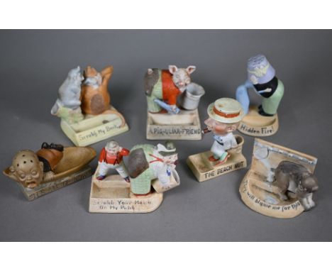 Seven Schafer &amp; Vater (Germany) novelty bisque match-pots/ashtrays - 'A Pig=Uliar= Friend' , 'Scratch Your Match on my Pa
