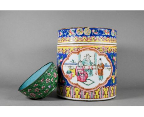 A 19th century Chinese famille rose cylindrical jar and cover or caddy, painted in polychrome enamels with scholars and atten