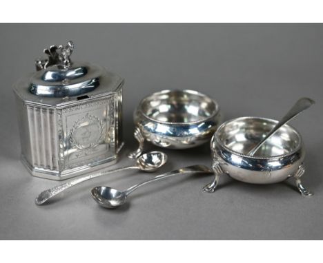 A George III silver mustard of elongated octagonal form, the stepped dome hinged cover with bird finial, the main body with e