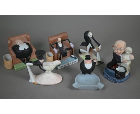 Two Schafer &amp; Vater (Germany) novelty bisque figural match-pots - striding man with ball and boy with top hat and ewer, 1