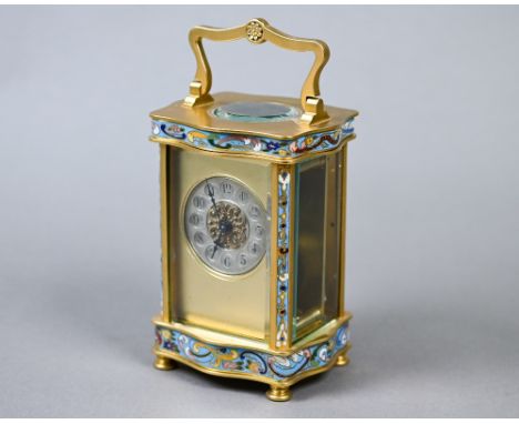 A French cloisonné panelled gilt carriage clock with single drum movement, 13.5 cm high 