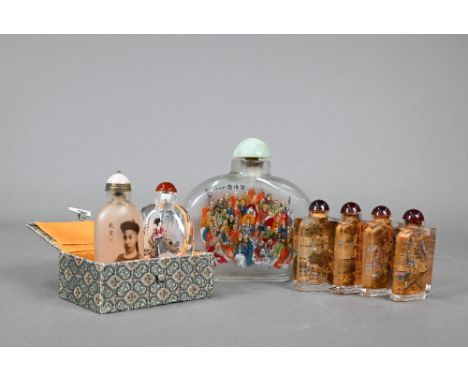 Seven 20th century Chinese snuff bottles including one inside decorated glass portrait example in the manner of Ma Shaoxuan p
