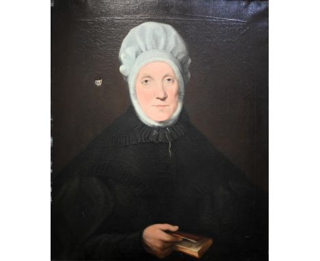 19th century English school - Portrait of a lady in mourning, holding a book, oil on canvas, 75 x 61 cm 