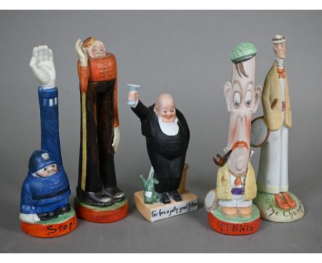 Five Schafer & Vater (Germany) novelty bisque figures - Stop! (a policeman), Tennis, The Champion, For He's a Jolly Good Fell