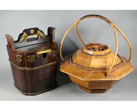 A 20th century Chinese hardwood brass mounted teapot caddy/carrier carved with happiness symbol (shuangxi) 24 cm high to/w an