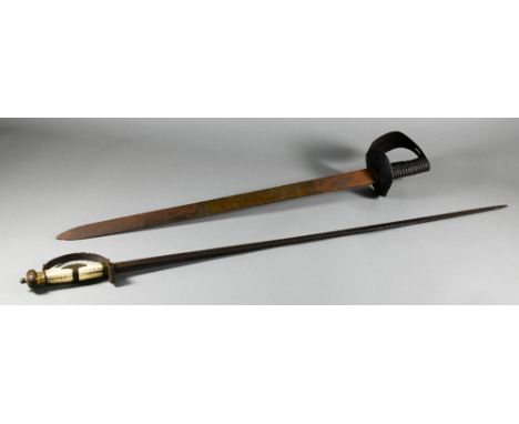 An early 19th Century sword with 82cm fullered blade, stirrup guard with reeded ivory 9cm grip and gilt metal pommel, engrave