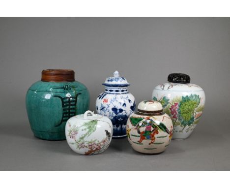 Five antique and later ginger jars including a 19th century Chinese famille rose ginger jar with pierced wooden cover painted