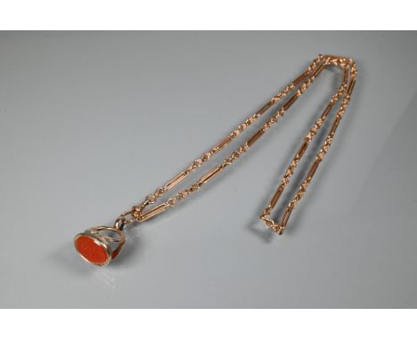 A rose-gold fetter link Albert chain with swivel and cornelian set fob attached, 37 cm long (closed), approx 42g (chain) 