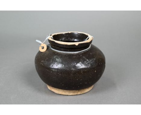 A Chinese Song dynasty (960-1279) brown glazed globular pot with museum label and lead seal, 9 cm high&nbsp; Rim chips and we