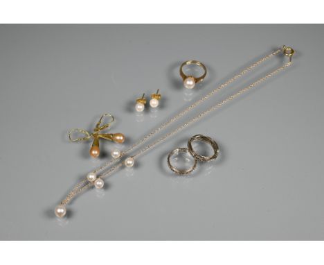 A collection of cultured pearl jewellery including a 9ct yellow gold ring set with single pearl, two pearl set earrings for p