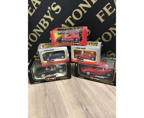 LARGE SCALE CARS - 5 DIFFERENT FERRARI'S BY BURAGO (2 X 1:18 + 3 X 1:24 SCALE