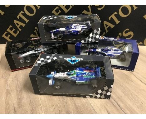 4 BOXED 1:18 SCALE F1 CARS IN BOXES PAULS MODEL ART COLLECTION INCLUDING DAMON HILLS RENAULT, HAKKINENS MCLAREN ETCD