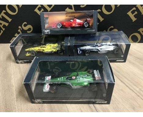 4 BOXED HOT WHEELS 1:18 SCALE F1 CARS INCLUDING JENSON BUTTONS BMW, JOHNNY HERBERTS JAGUAR R1 ETC