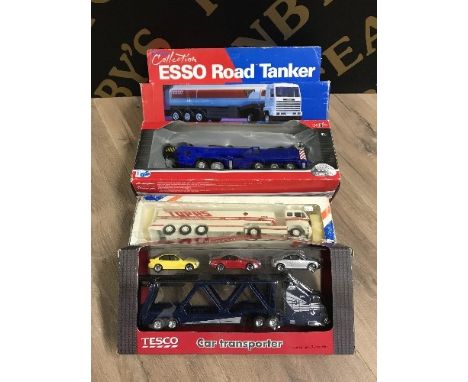 4 BOXED DIE CAST HAULAGE INCLUDING CAR TRANSPORTER LION TOYS MERCEDES TANKER, ESSO ROAD TANKER ETC