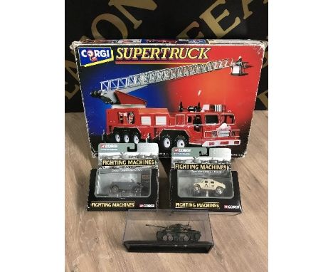 BOX OF CORGI BOXED MILITARY VEHICLES IN ORIGINAL BOXES ALSO A BOXED CORGI SUPER TRUCK FIRE ENGINE