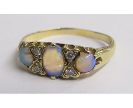9ct gold blue opal and diamond ring - ring size T/U - total weight 2.4g