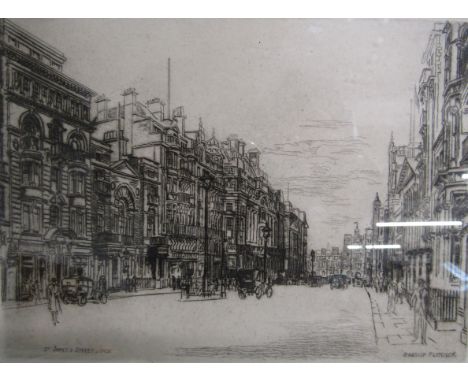 Framed Hanslip Fletcher etching "St James Street" 1931 - approx. 37.5cm x 32cm