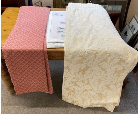 3 matching pairs of cream curtains (L 156cm), pair of pink curtains (L153cm) &amp; a length of Jonelle Duracolour fabric