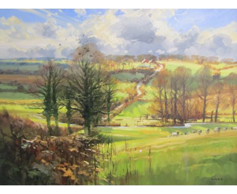 Framed John Lines R.B.S.A. 'Lane Light, Spratton' (with Althorpe Hall in the distance) oil on canvas - approx. 73cm x 58cm&nb
