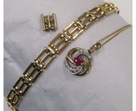 9ct gold gate bracelet and fine chain necklace with diamond and ruby pendant - total weight 6.22g