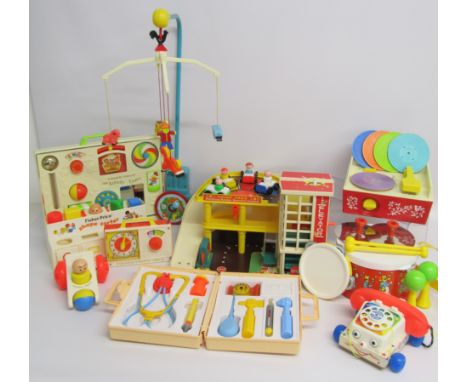 Collection of original vintage Fisher-Price toys includes chatter telephone, hickory dickory dock clock, clatter n click, med