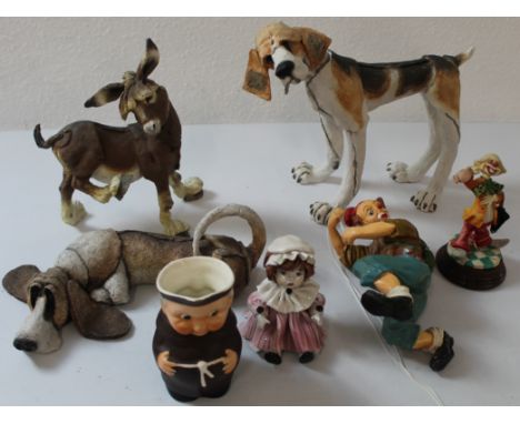 Ceramic figures including Country Artist Loafer Basset "a breed apart they're very smart" as well as clowns a monk jug and a 