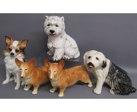 5 large ceramic dogs - Italy Papillon - West Highland Terrier - Old English Sheep dog - pair of Corgis (one with slight surfa