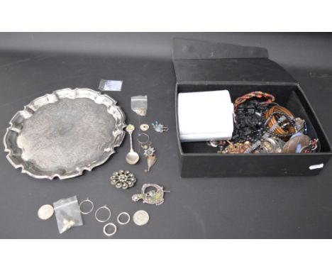 Silver plate and costume jewellery including rings, earrings, necklaces, plate, spoon, collectable coins, brooches, Anaii wat
