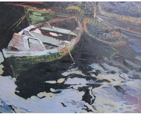 Framed L R Coles oil on board 'Idle Boats' - approx. 48.5cm x 58cm