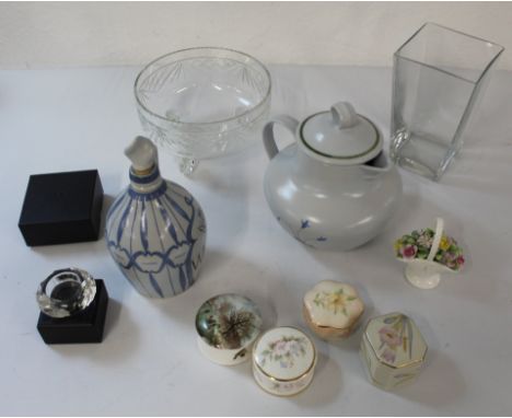 Buchan jug and whisky jug, glass vase and bowl, 4 trinket cases, Royal Doulton floral collection figure with box and glass di