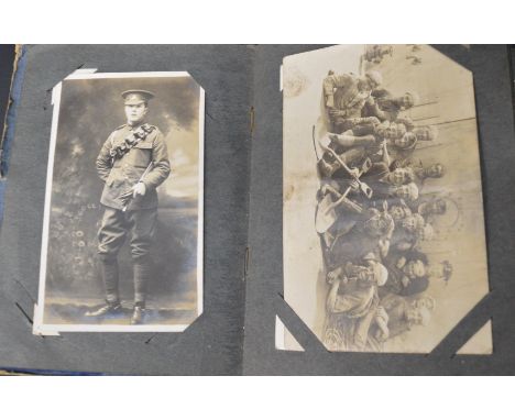 Album of black &amp; white photographic postcards depicting military groups / figures including Machine Gun sub section No 2 