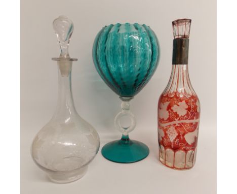Ruby flash glass decanter with etched grapevine decoration &amp; metal collar, duck egg blue stemmed dish and clear decanter 