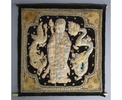 Burmese tapestry - Kalaga, on black velour with hanging rail (damaged) - approx. 63cm x 63cm&nbsp;