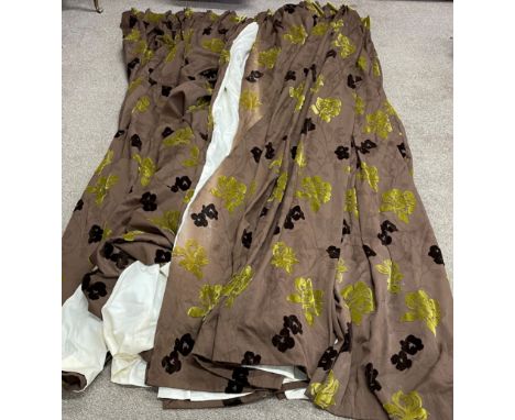 Two pairs of large lined curtains with approx 9ft drop - 2 x approx. 164cm wide&nbsp; x 287cm drop &amp; 1 x 97cm wide x 287c