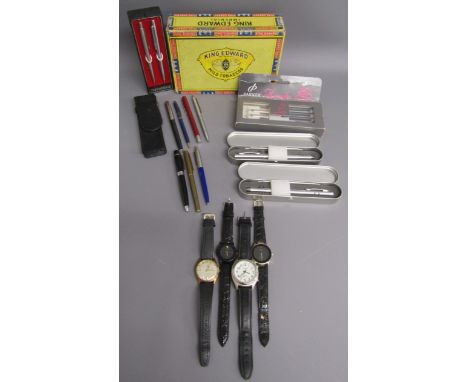 Collection of watches and pens in King Edward box includes Parker Calligraphy, Papermate, Limit of Switzerland 25 Jewels auto