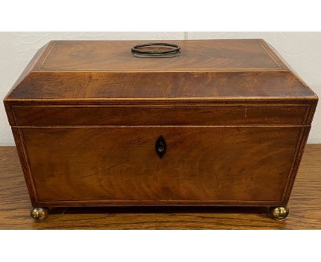 19th century tea caddy on ball feet L31cm D 16cm Ht 18cm